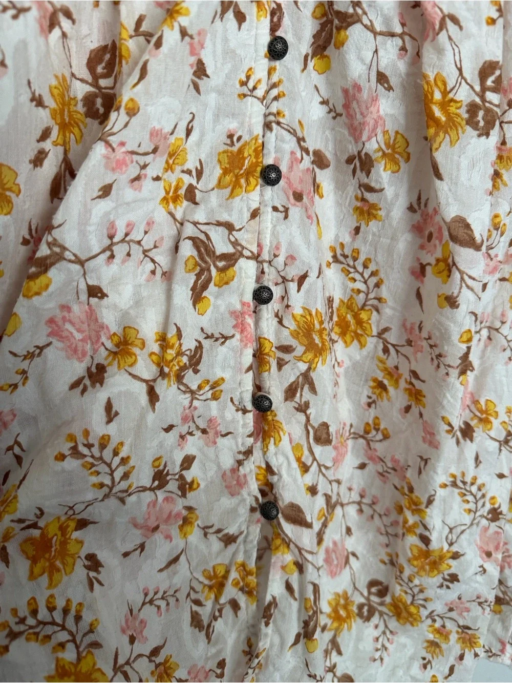 Anthropologie Lace-Trim Puff Sleeve Blouse - White with Pink & yellow Floral